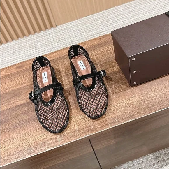 Alaia Black Mesh Mary Jane Flats with Patent Strap - Picture 7 of 7